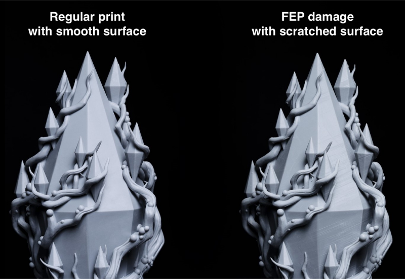 Difference in print quality with a new vs. damaged nFEP film